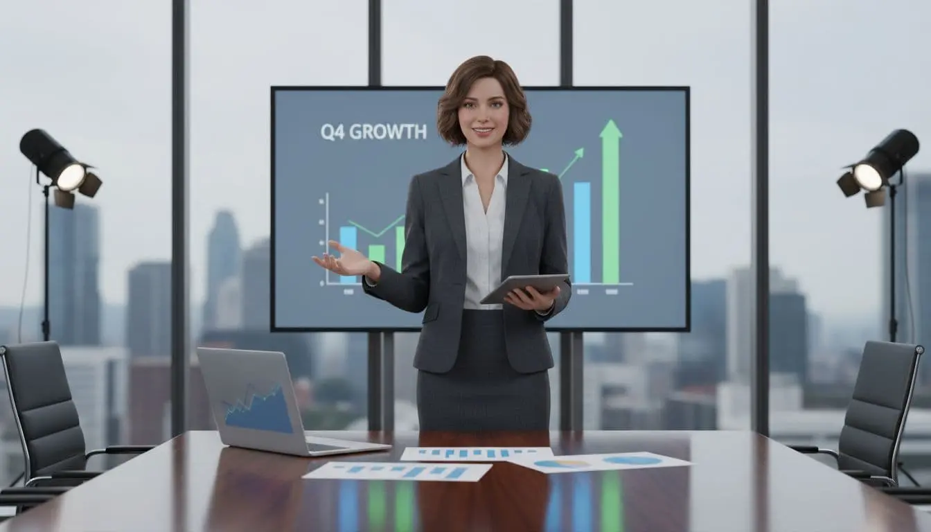 Presenter stands in modern boardroom gesturing at laptop and charts on conference table.