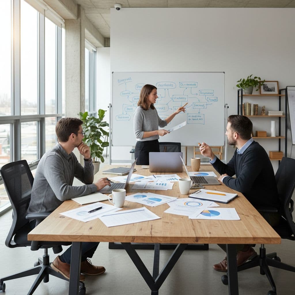 A professional team sits around a wooden office table reviewing documents and laptops during a strategy meeting.