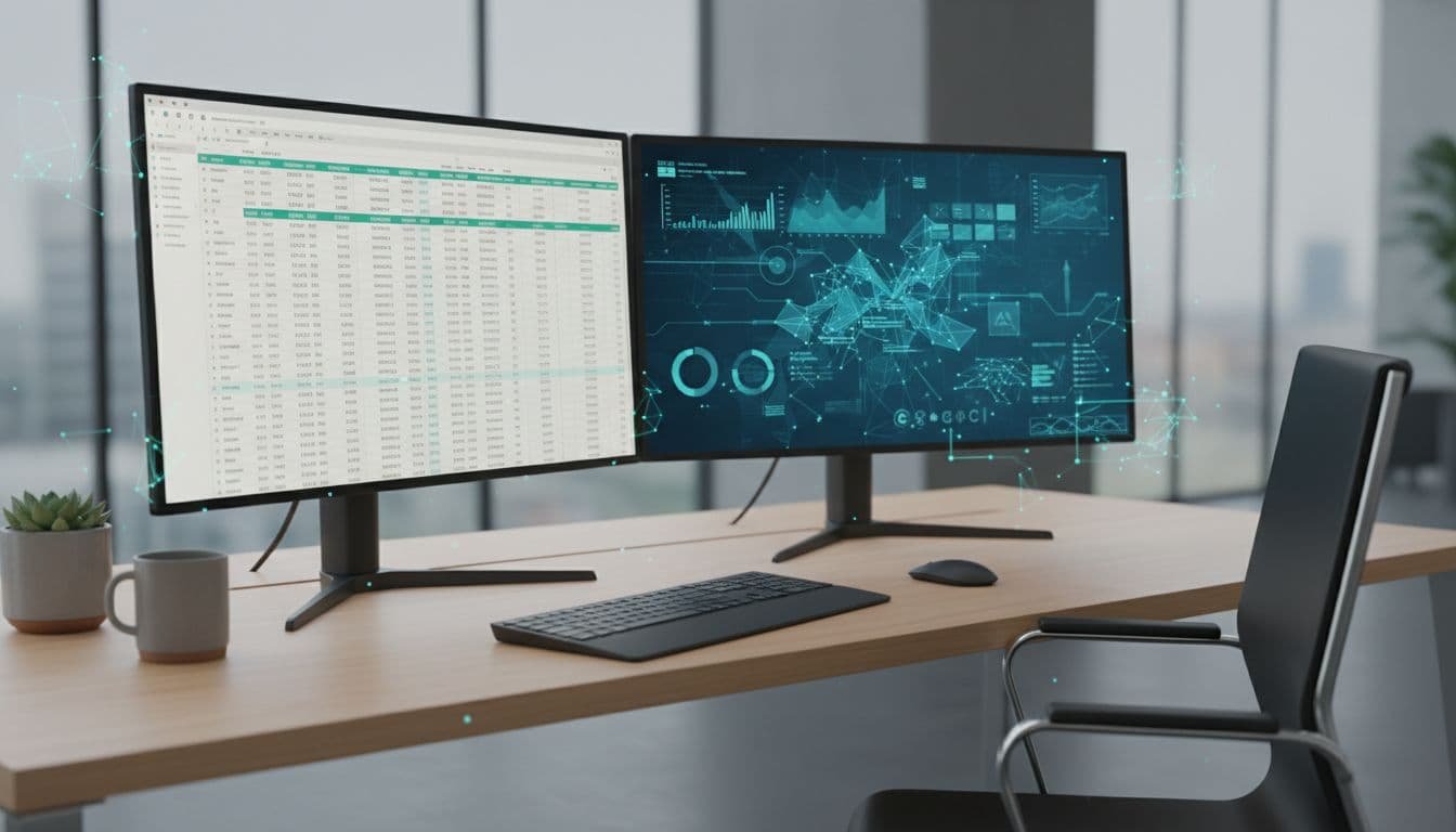 Dual screens on modern desk show CSV dataset transitioning to visualized insights, coffee mug and empty chair.