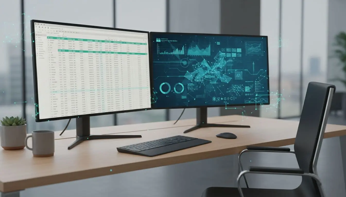Dual screens on modern desk show CSV dataset transitioning to visualized insights, coffee mug and empty chair.