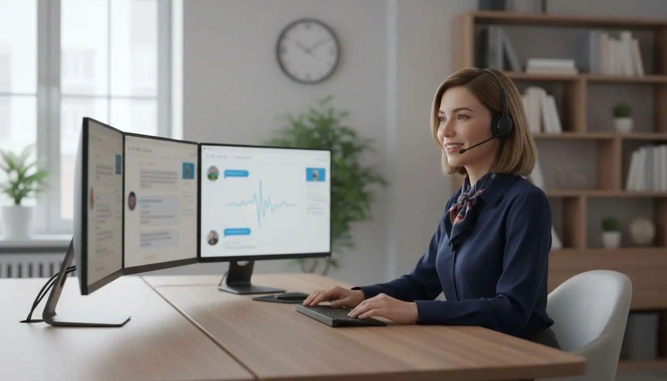Professional at desk with headset, facing multiple blurred chat screens in home office.