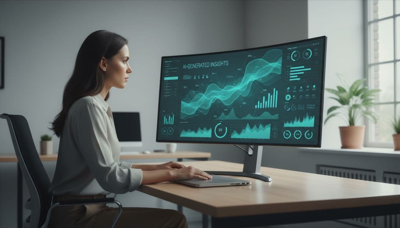 Data analyst at office desk views teal data visualizations on large curved monitor.
