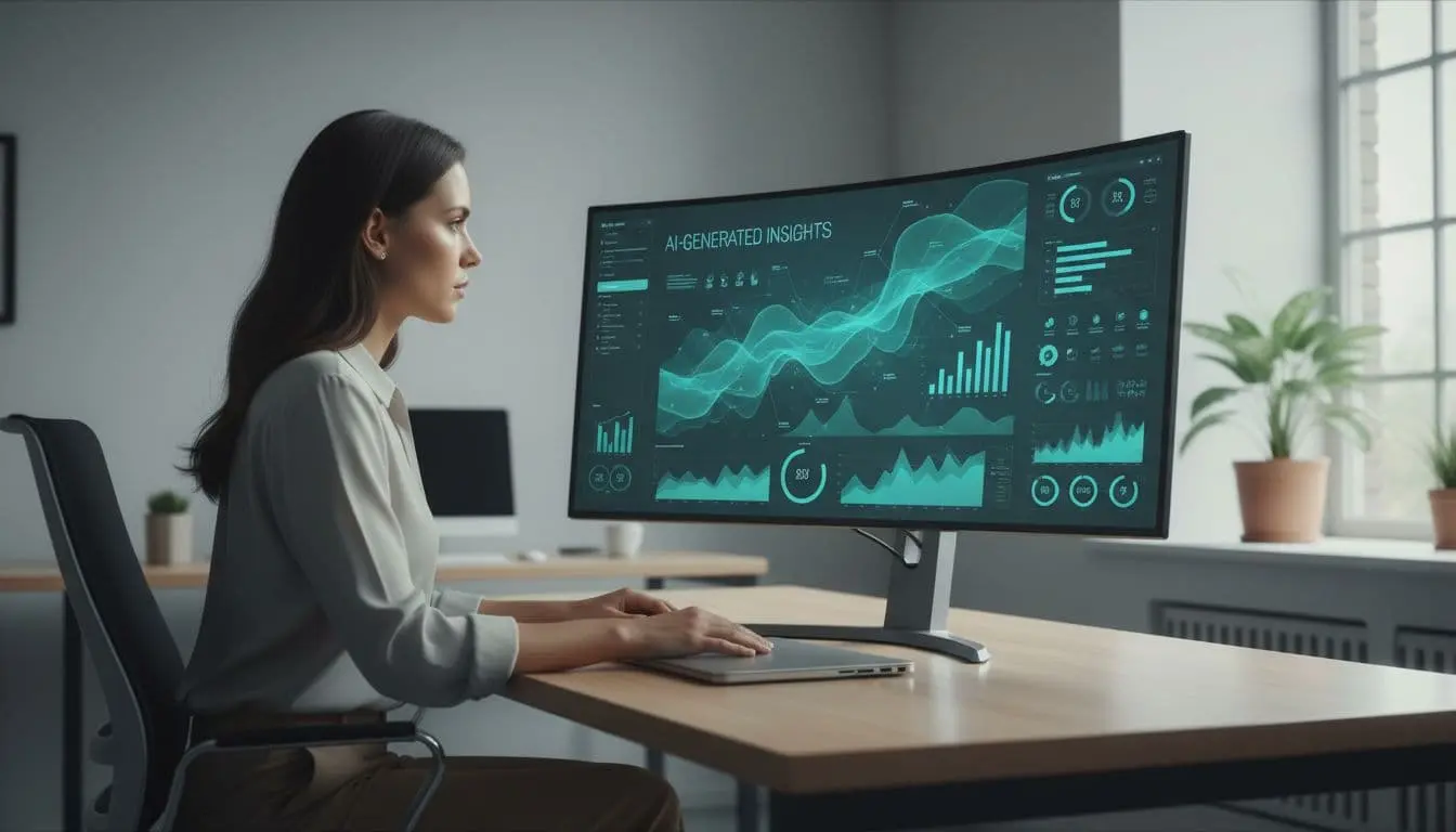 Data analyst at office desk views teal data visualizations on large curved monitor.