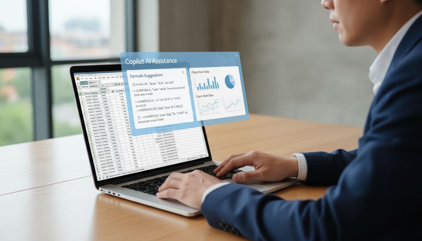 Professional data analyst at modern office desk with laptop displaying Excel formula suggestions and charts.