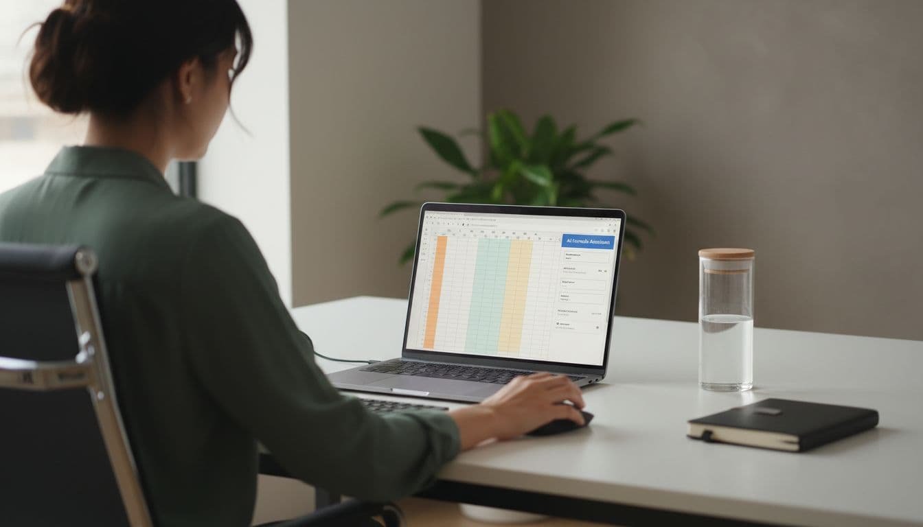 Data analyst in contemporary workspace with laptop showing Google Sheets grid and formula generator sidebar, hands on mouse and keyboard, tidy desk with planner and water bottle.