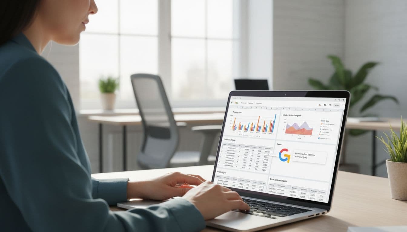 Data analyst in modern workspace focuses on laptop screen showing spreadsheet tables, charts, and insights with natural window light.
