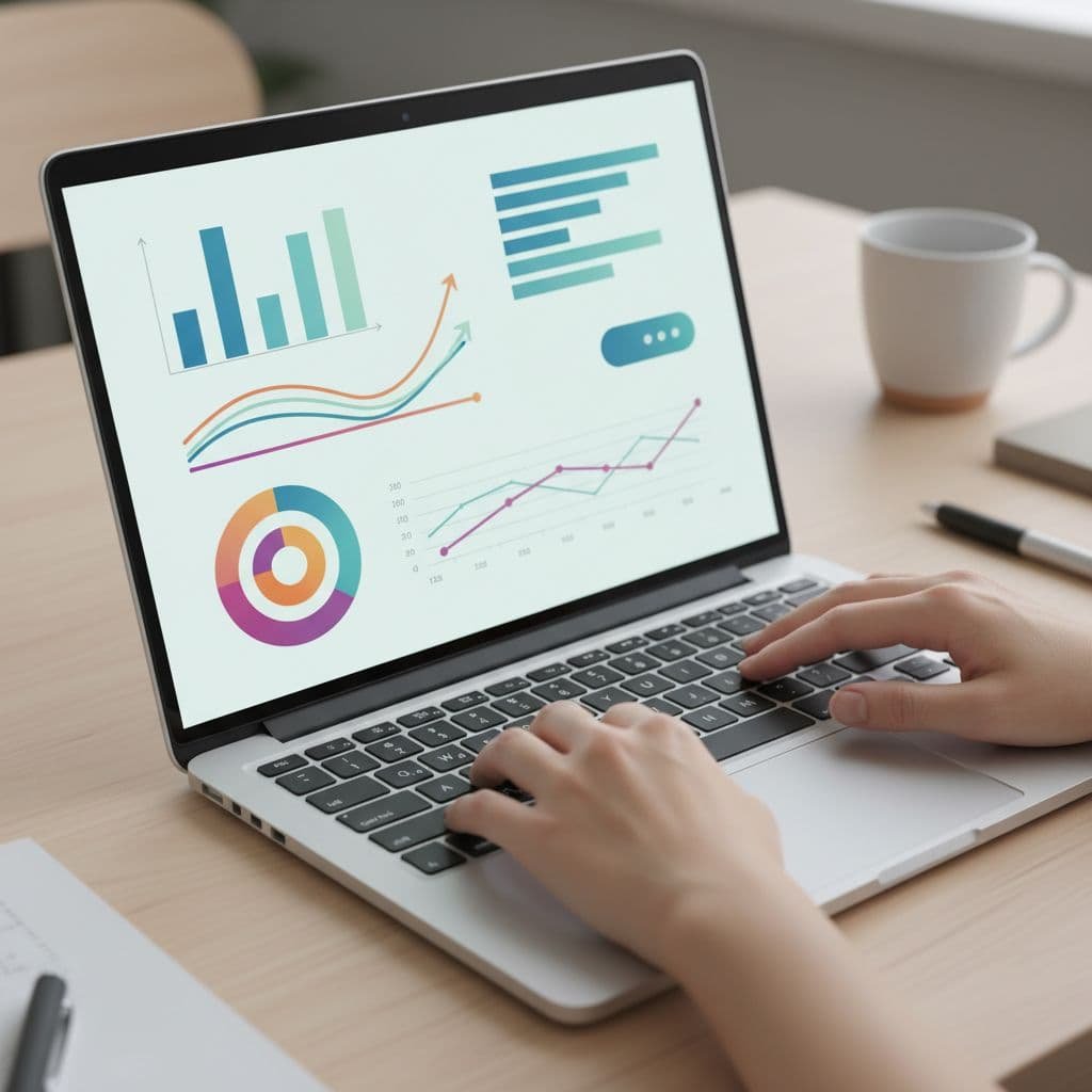 Close-up of a laptop screen displaying vibrant bar charts and trend lines alongside a professional workspace. A person's hands rest gently on the desk surface next to the modern device.