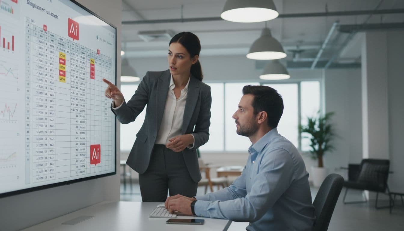 Two data professionals review flagged errors on a shared spreadsheet screen in a modern office.