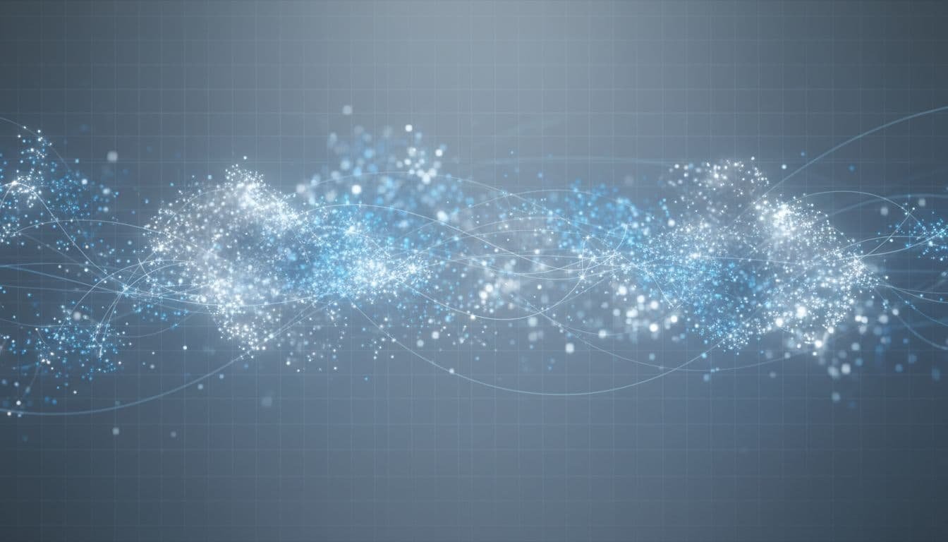 A network of glowing nodes and interconnected lines represents abstract data mapping against a blue and gray background.