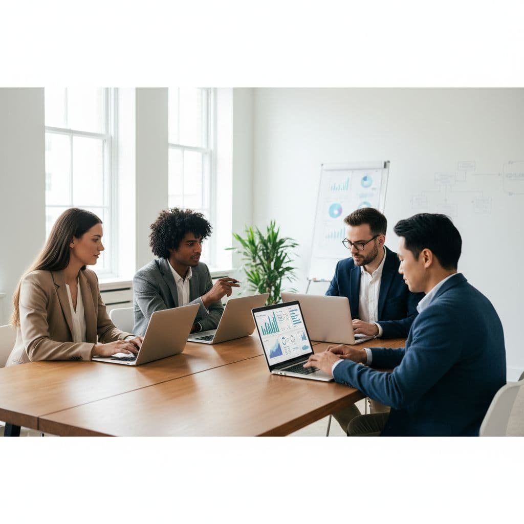A diverse group of professionals sits around a wooden desk, analyzing detailed data charts on laptop screens. The bright office features minimalist furniture and a clean aesthetic for productive collaborative sessions.