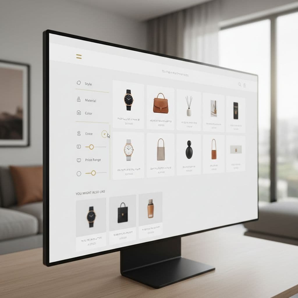 Close-up of online storefront showing filtering options and product recommendations on clean interface.