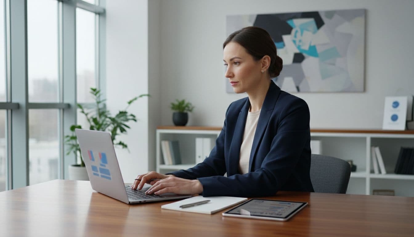 Editorial team member reviews content drafts on laptop against brand voice checklist in modern office.