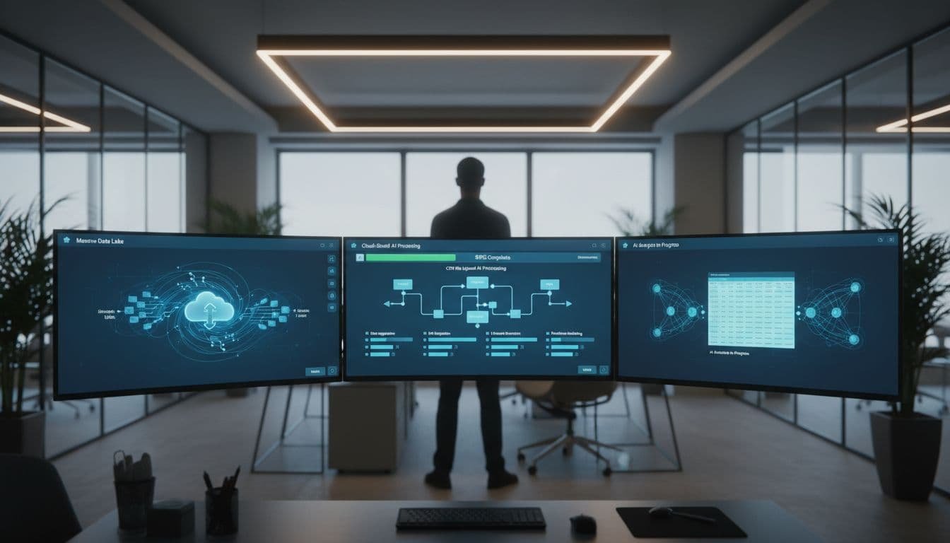 Multi-monitor setup in tech office displays cloud processing of large CSV file with progress bars and data flows; analyst monitors from afar.