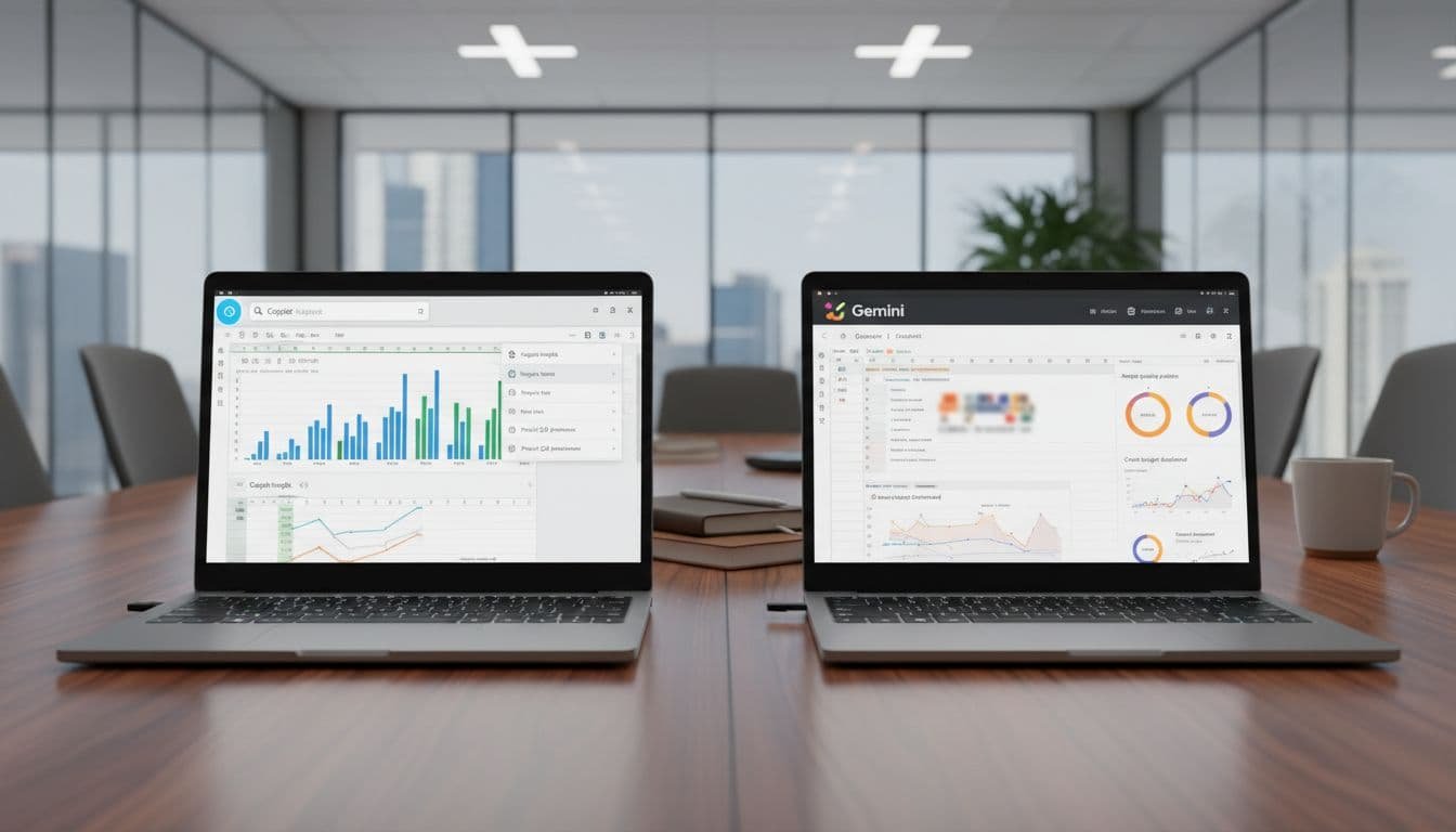 Two laptops side by side on a conference table, left screen displays Excel with Copilot elements, right shows Sheets with Gemini dashboards.