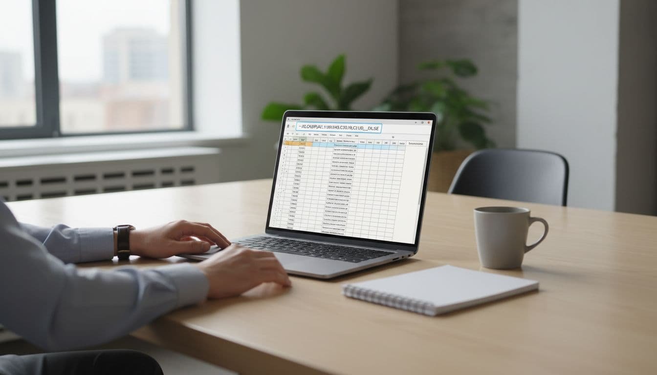 Hands rest on modern office desk near open Excel laptop with visible spreadsheet grid and formula bar suggestion, notebook, and coffee mug.