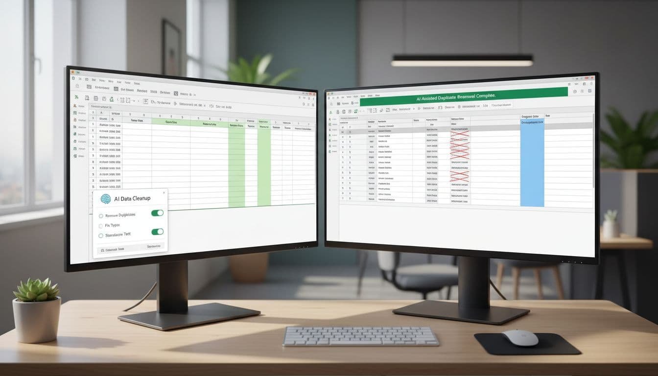 Dual monitors on modern office desk display Excel and Google Sheets with highlighted clean columns.