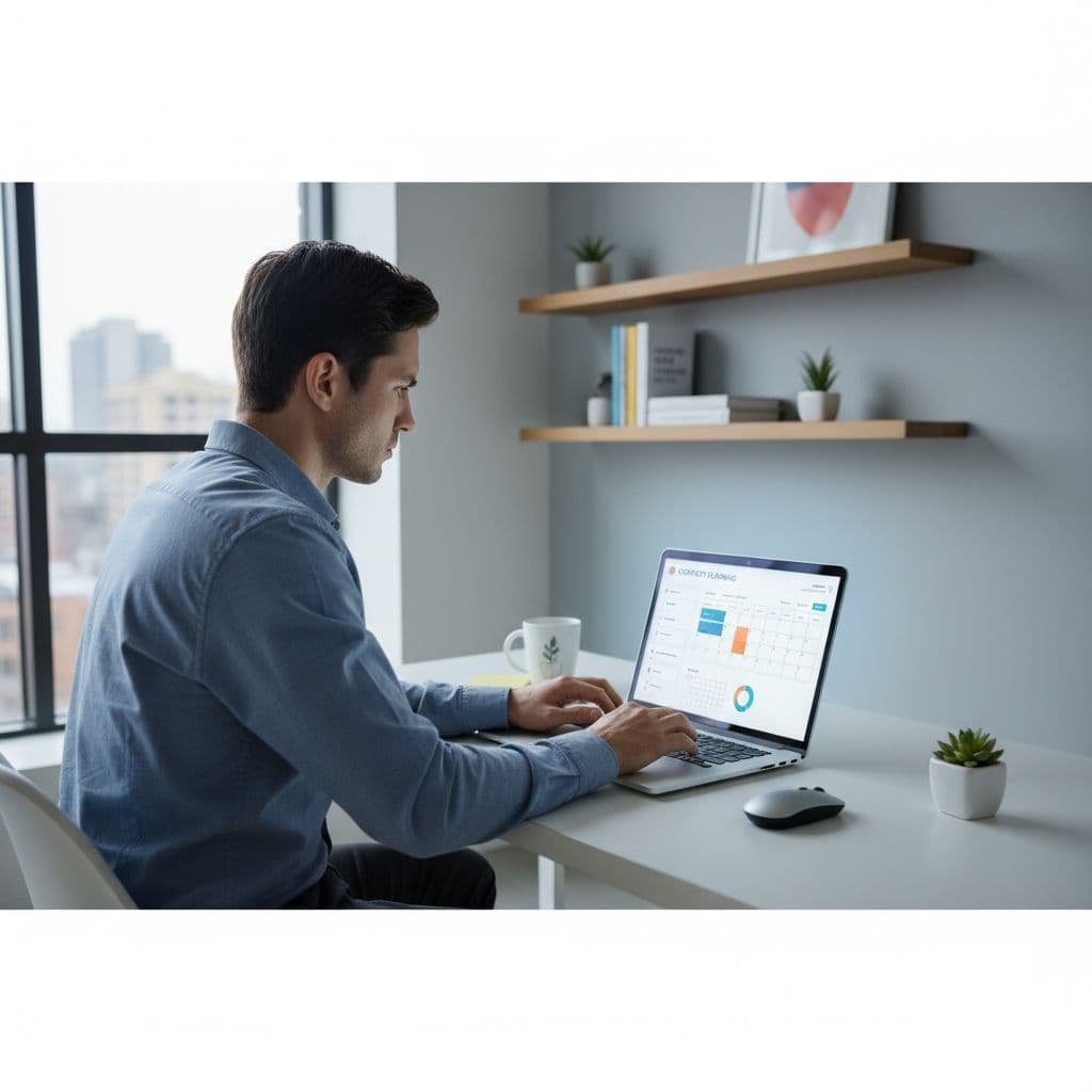 A professional sits at a clean, minimalist desk in a bright home office. They view a laptop screen with intense concentration, mapping out digital strategy and organizing complex search engine data.