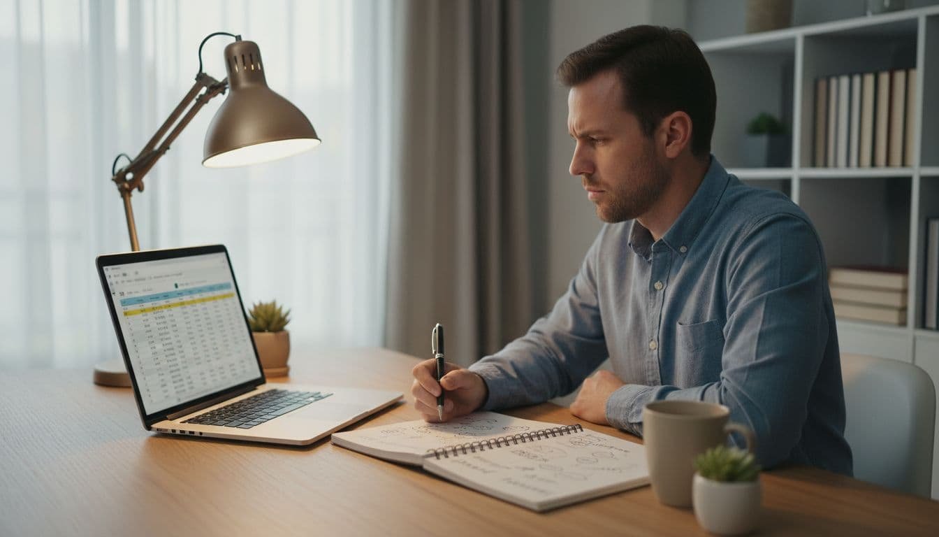 Person at desk in home office reviews laptop document while taking notes in notebook.