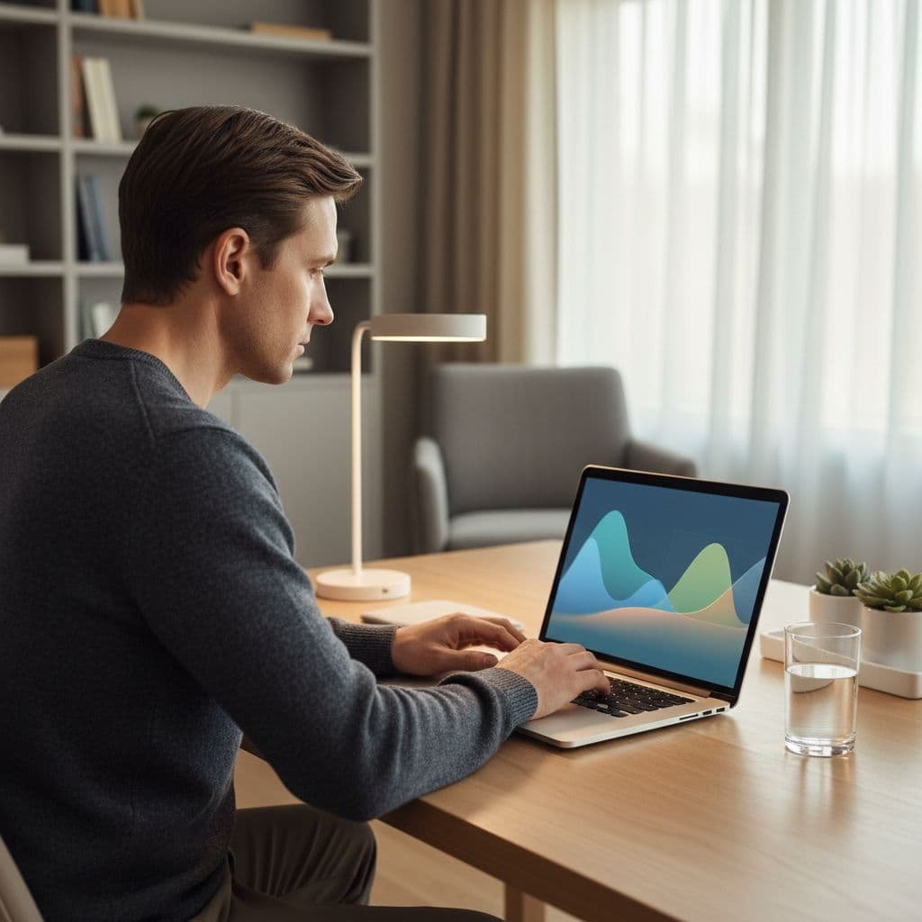 A focused individual reviews website performance metrics on a laptop screen while sitting at a minimalist wooden desk. Soft natural light illuminates the clean workspace, creating an analytical professional atmosphere.