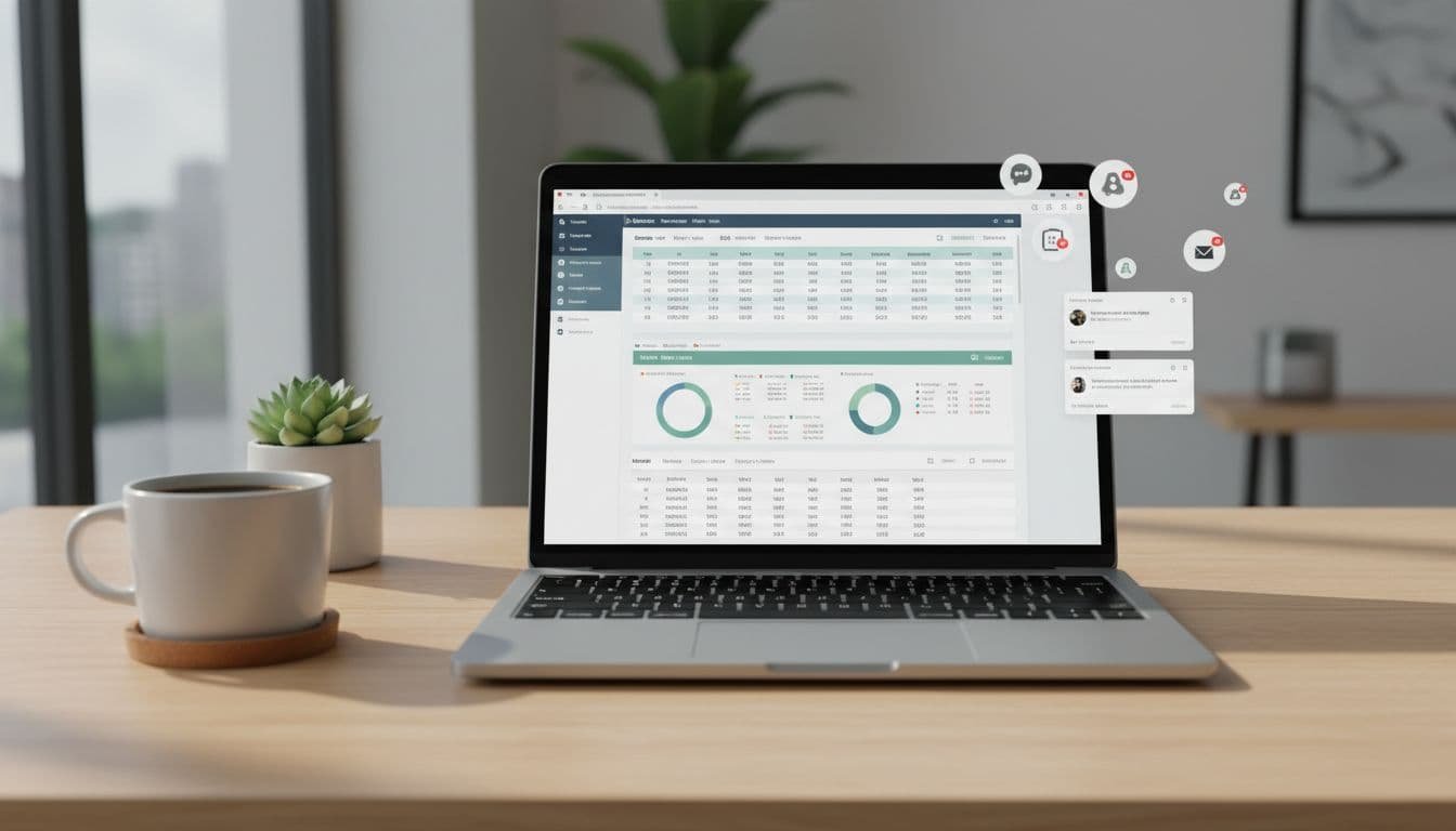 Laptop on office desk shows spreadsheet dashboard with Slack notification icons and email previews, coffee mug nearby.