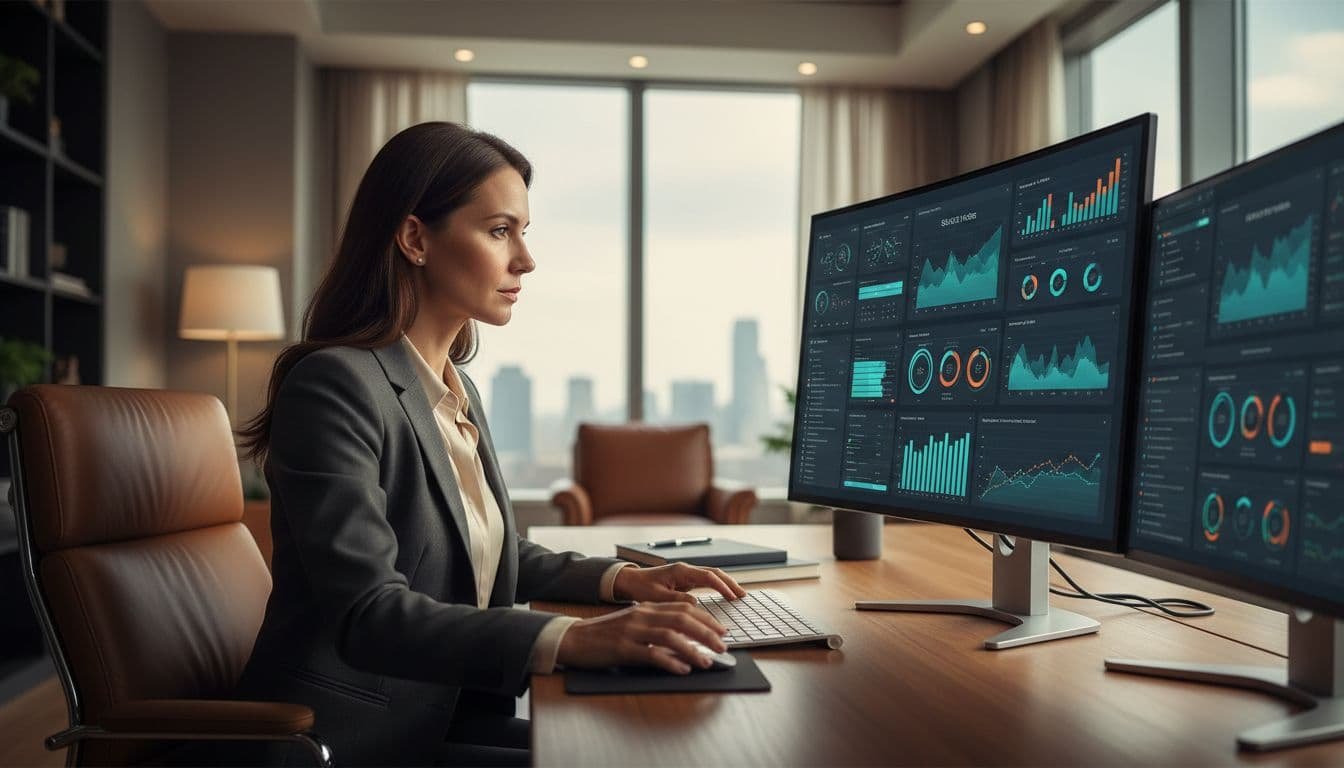 A professional sits at a desk viewing complex performance data charts on a computer screen.