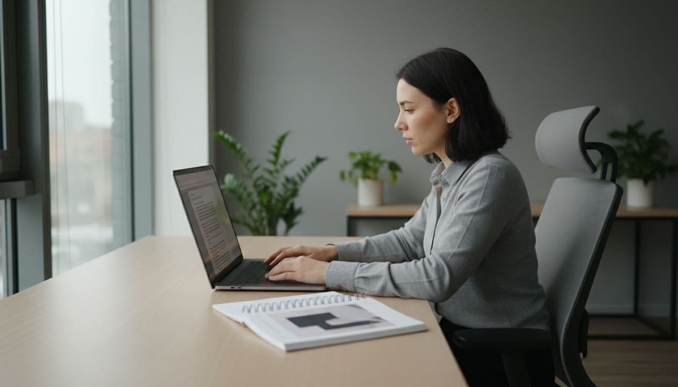 Marketer seated at modern office desk, focused on laptop screen with brand style guide open beside it.