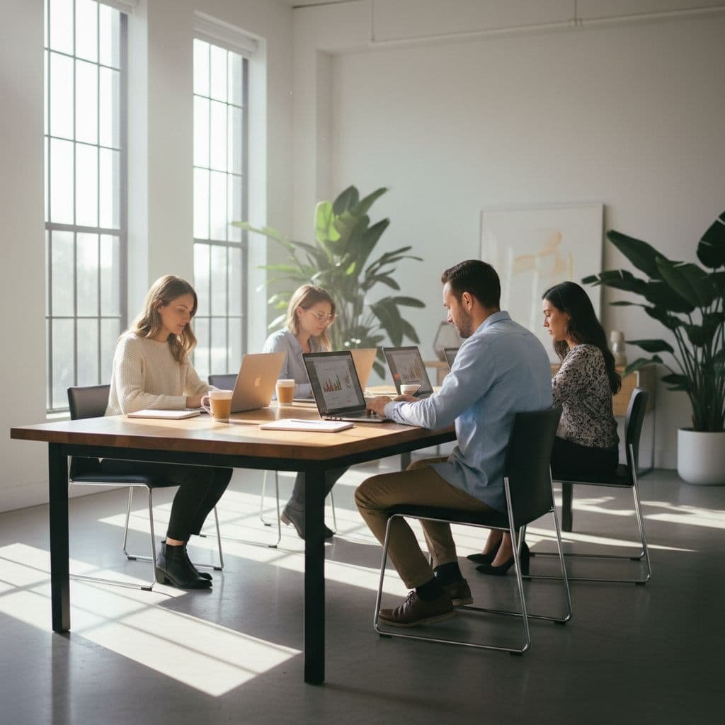 Three colleagues sit around a polished wooden table in a sunlit office, each focused on their individual laptop screens. They are collaborating on digital content research in a bright, modern setting.