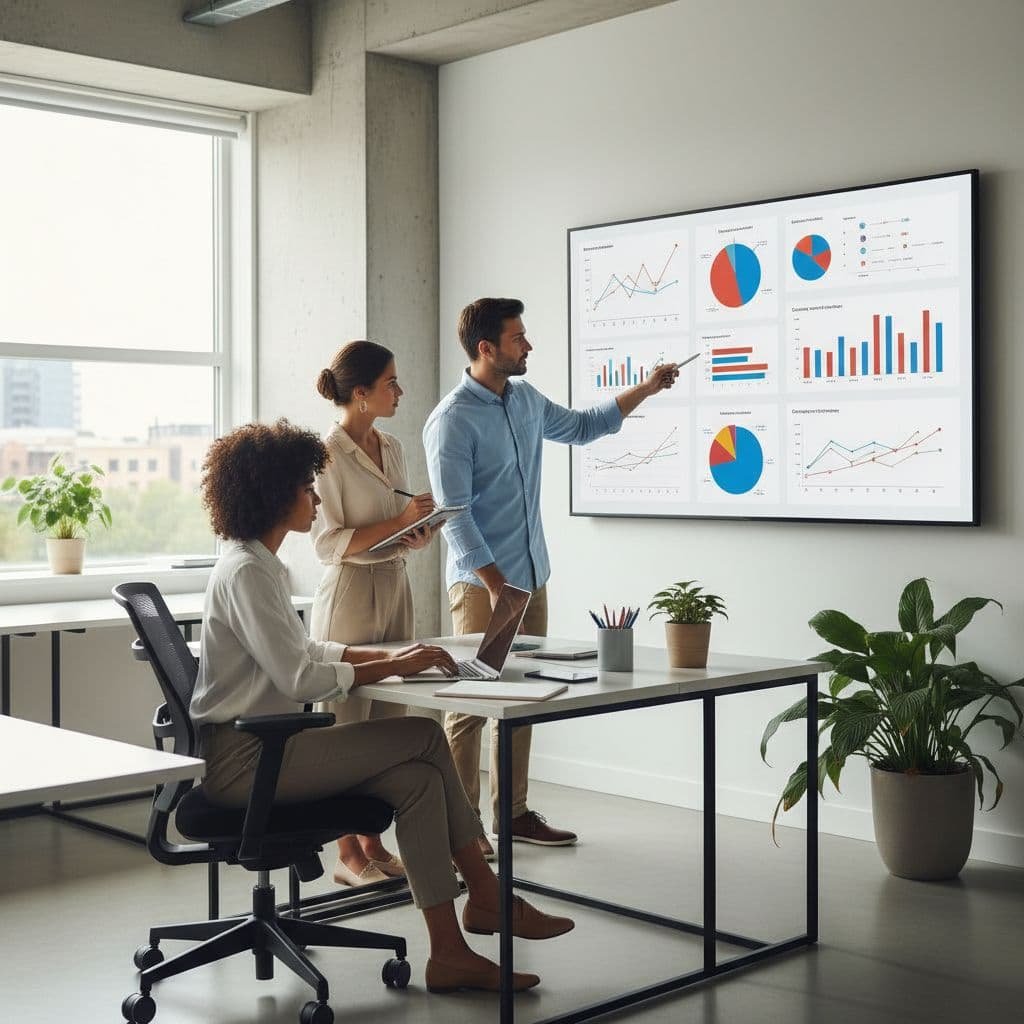 Three colleagues collaborate in a modern office space, reviewing complex performance graphs on a large wall-mounted monitor. One teammate gestures at the display while others document insights on a laptop.