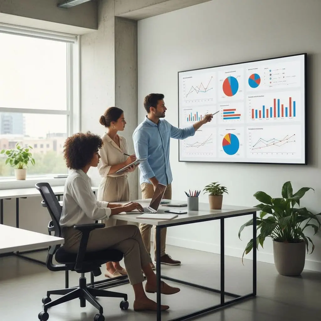 Three colleagues collaborate in a modern office space, reviewing complex performance graphs on a large wall-mounted monitor. One teammate gestures at the display while others document insights on a laptop.