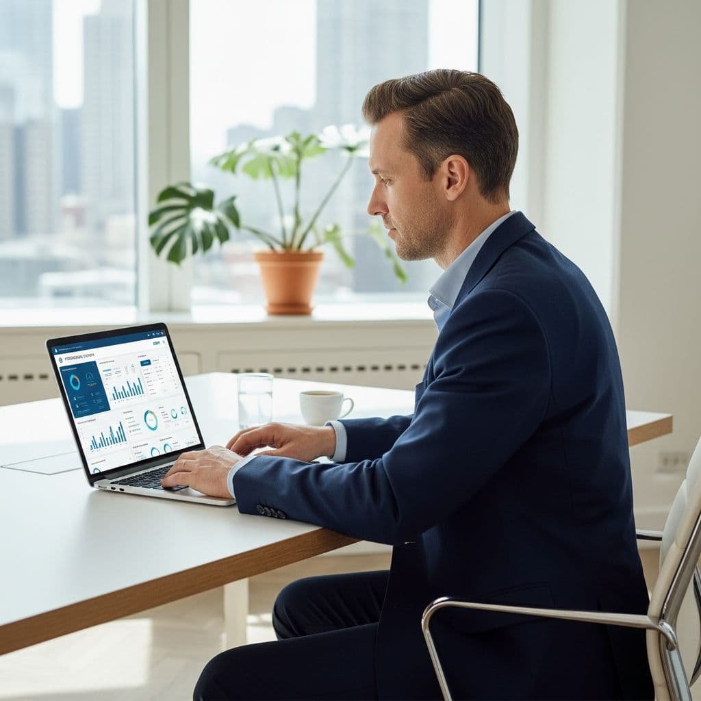 Merchant sits at clean desk in office viewing search analytics dashboard on laptop.