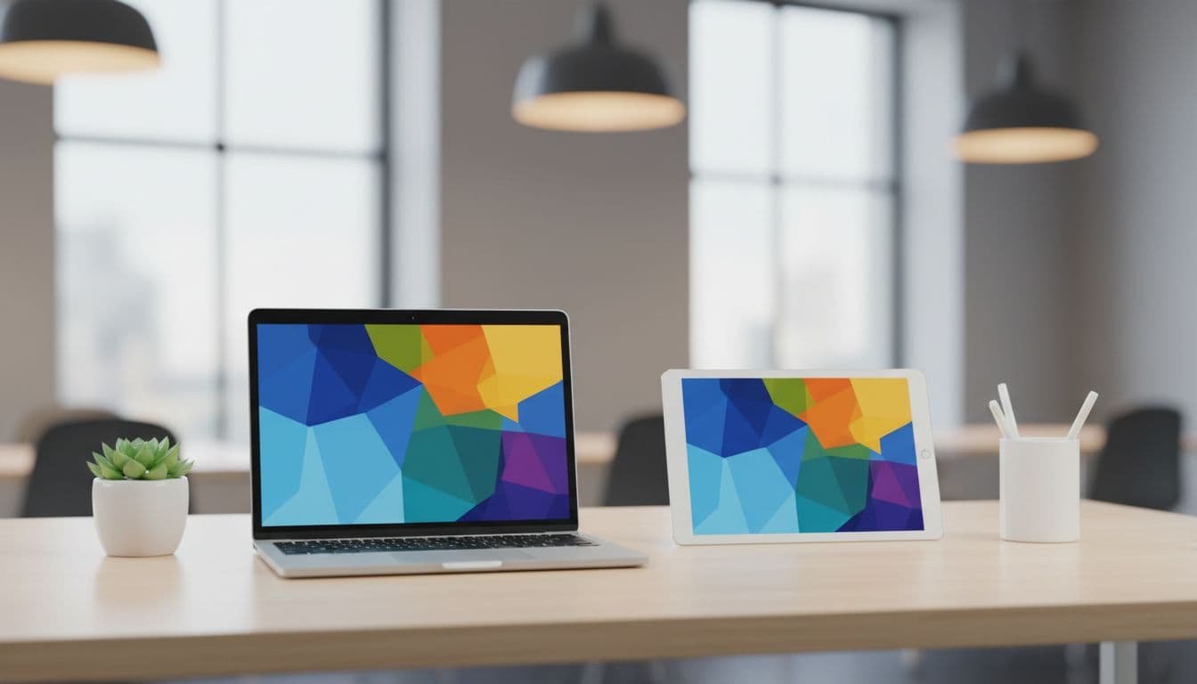 Clean desk with laptop and tablet side by side, screens blurred showing colorful abstract slide templates.