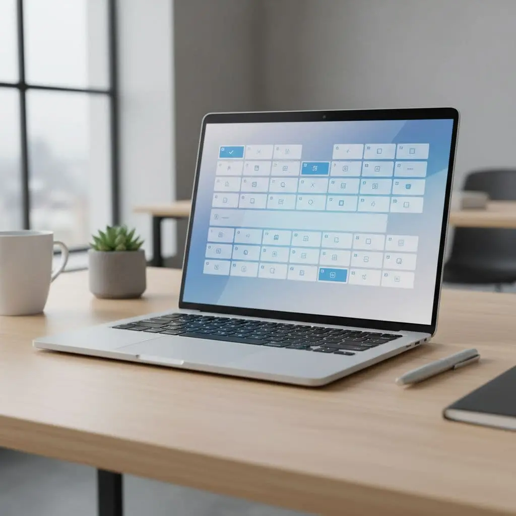 A laptop screen displays an organized digital database grid on a clean desk workspace.