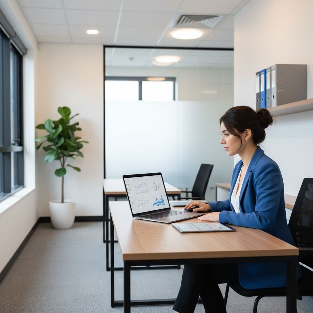 A professional works at a clean desk with a laptop displaying financial charts in a modern office.
