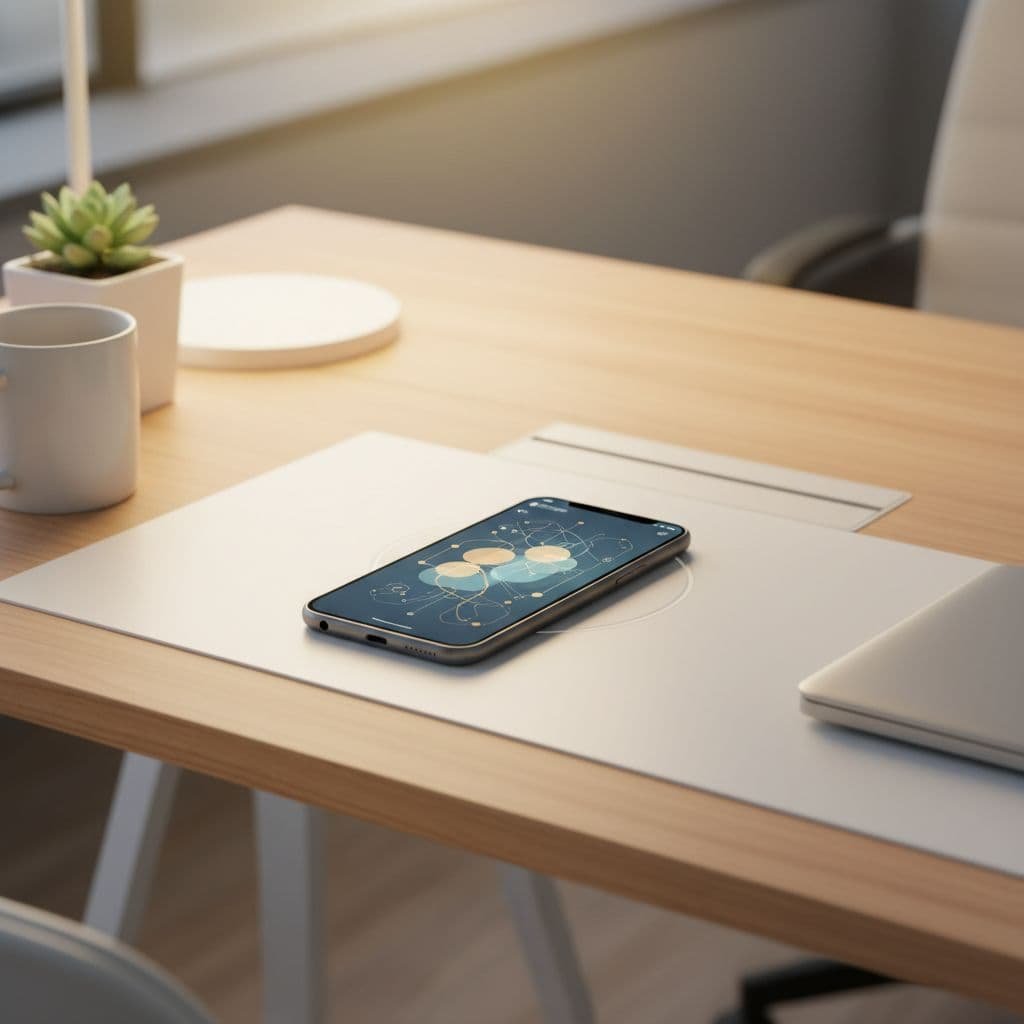 A clean office desk features a smartphone displaying a sleek, minimal user interface under soft lighting.