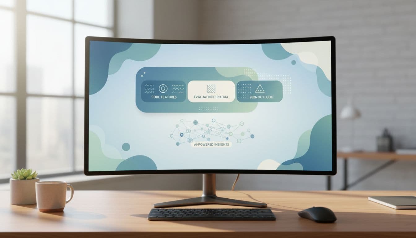 Modern computer monitor displays abstract proposal creation interface with soft UI elements in workspace.