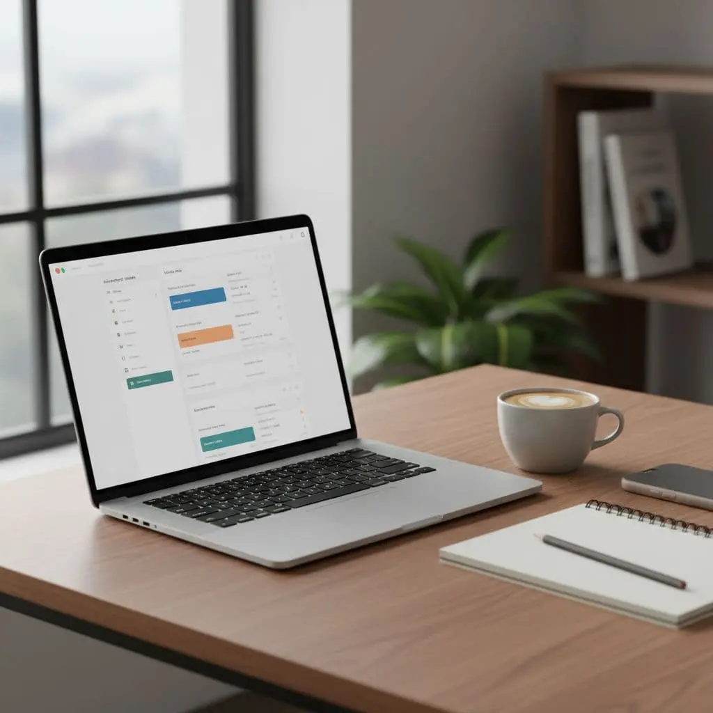 A laptop sits on a wooden desk with a notepad and coffee cup in soft morning light.