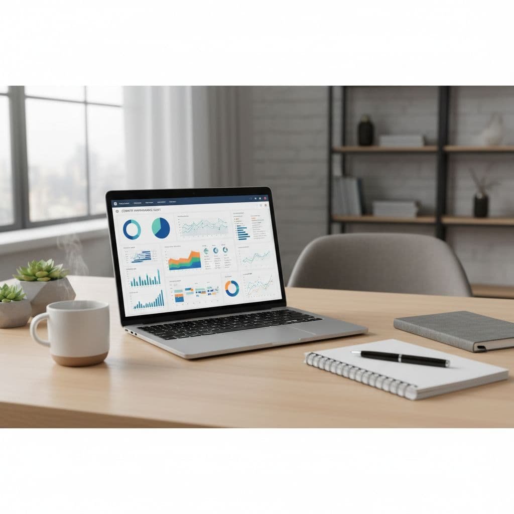 A clean office desk featuring a laptop with data charts, a notebook, and a coffee mug.