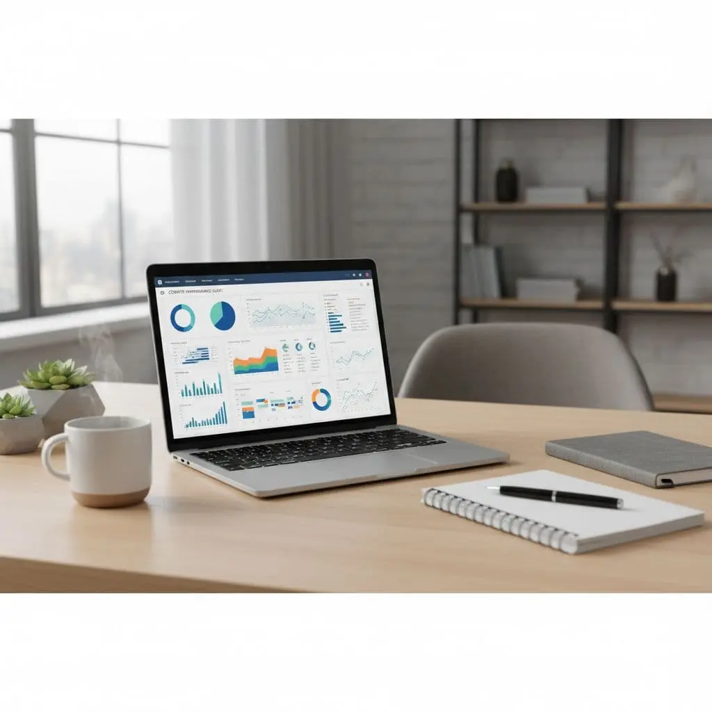 A clean office desk featuring a laptop with data charts, a notebook, and a coffee mug.