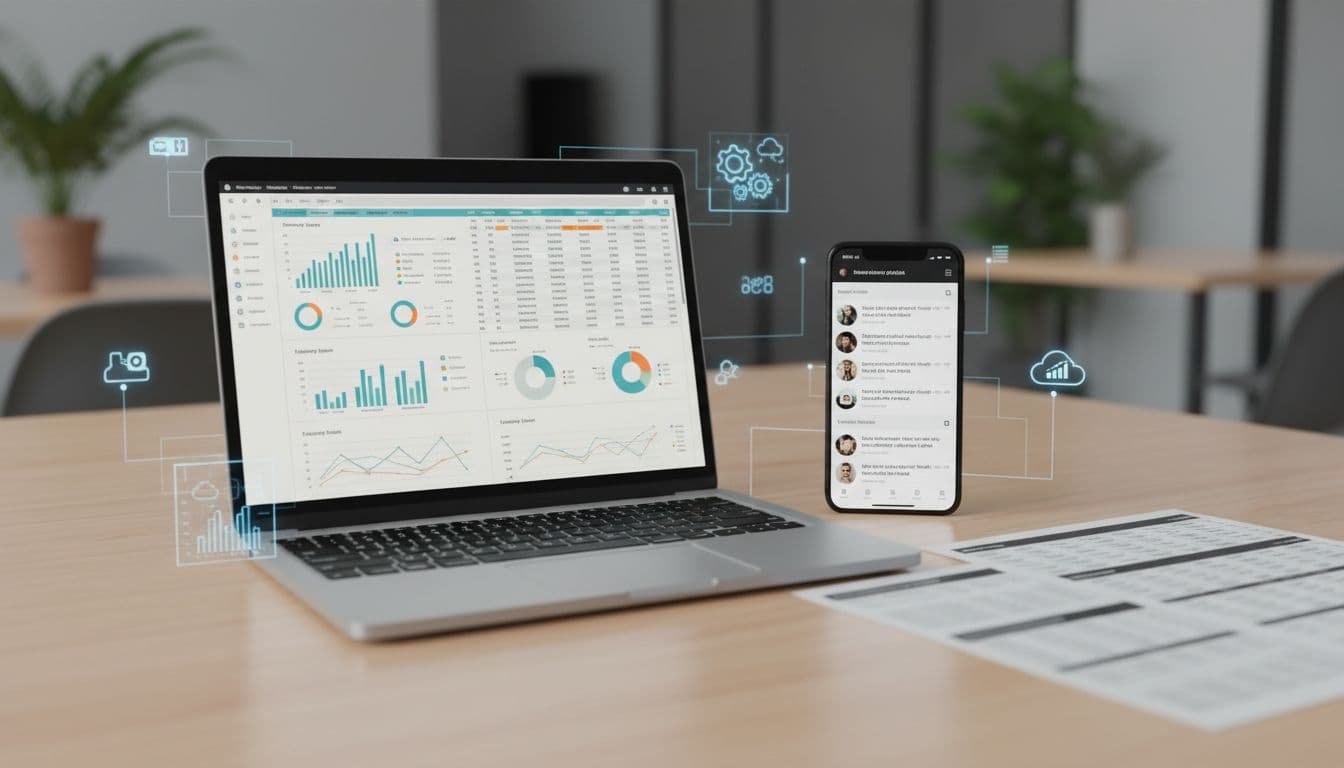Close-up of desk with open laptop showing analytics charts, phone displaying Slack app, and printed email report.
