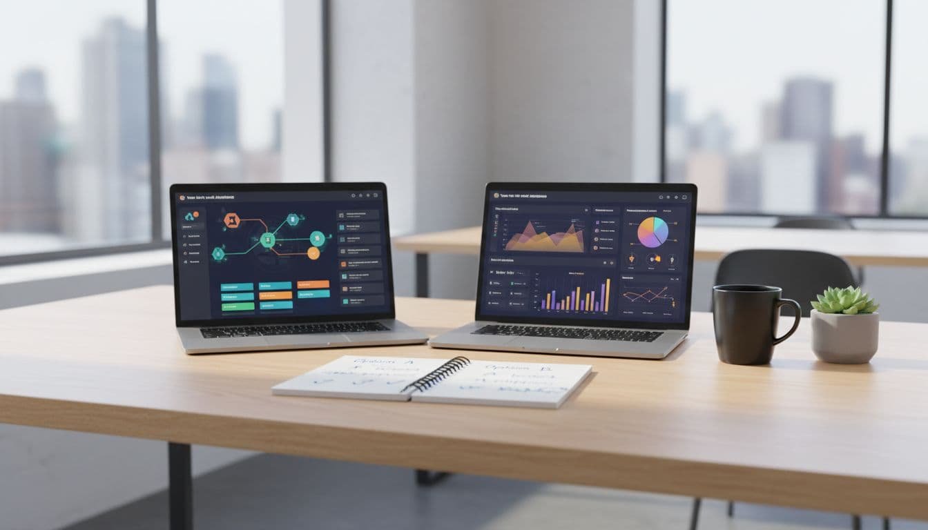 Clean modern desk with two side-by-side laptops showing task board and analytics dashboard, notebook with comparison notes, coffee mug, soft window light.