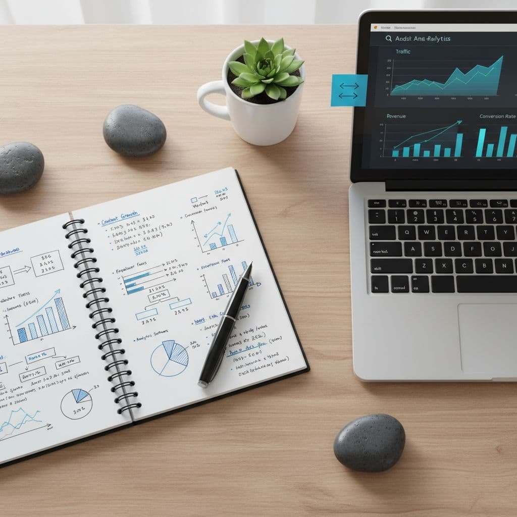 A top-down view shows a clean wooden desk containing a laptop, an open notebook filled with handwritten financial calculations, and various analytic charts. Soft natural light illuminates the organized workspace surface.