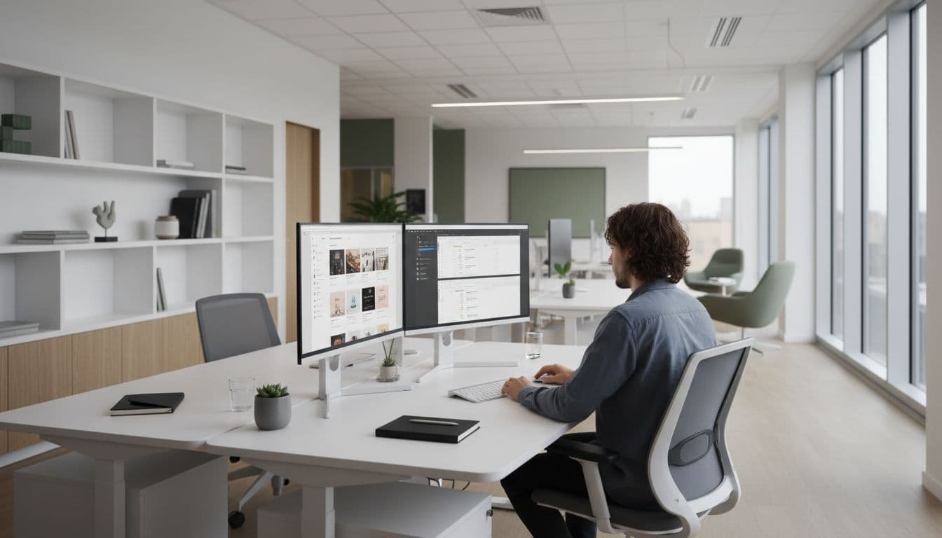 A person works at a clean, organized desk featuring multiple computer monitors in a bright office.