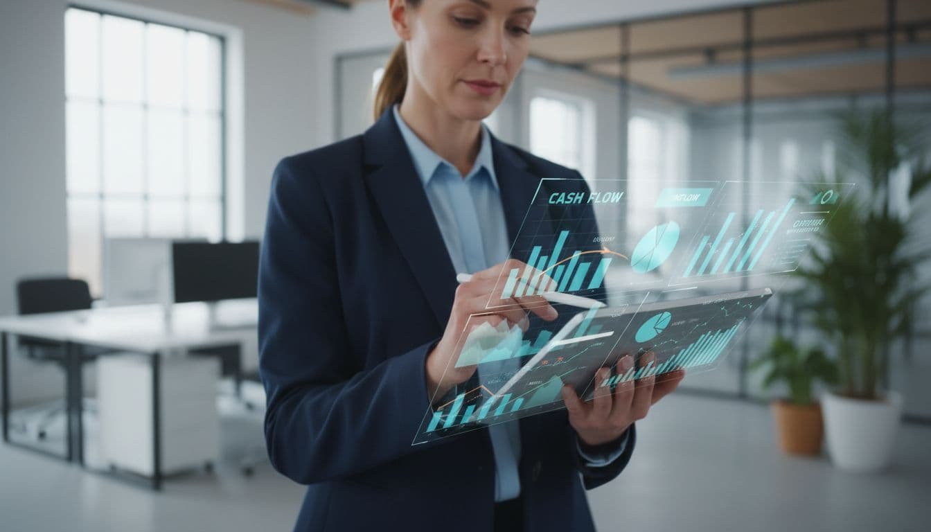 A professional examines detailed financial data on a tablet within a bright modern office.