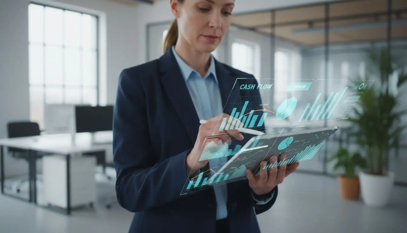 A professional examines detailed financial data on a tablet within a bright modern office.