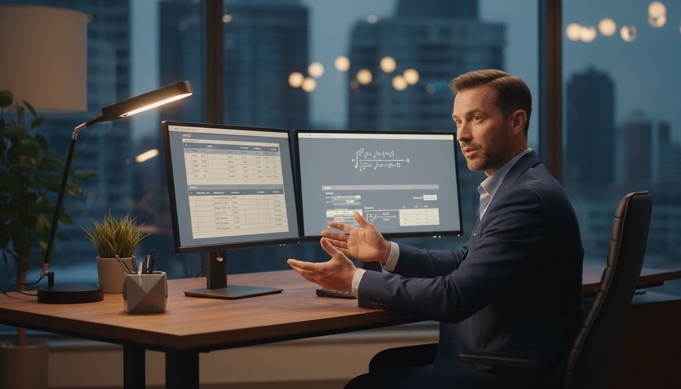 Business professional at desk gestures toward dual monitors showing spreadsheet comparison table and formula output in office with plants.