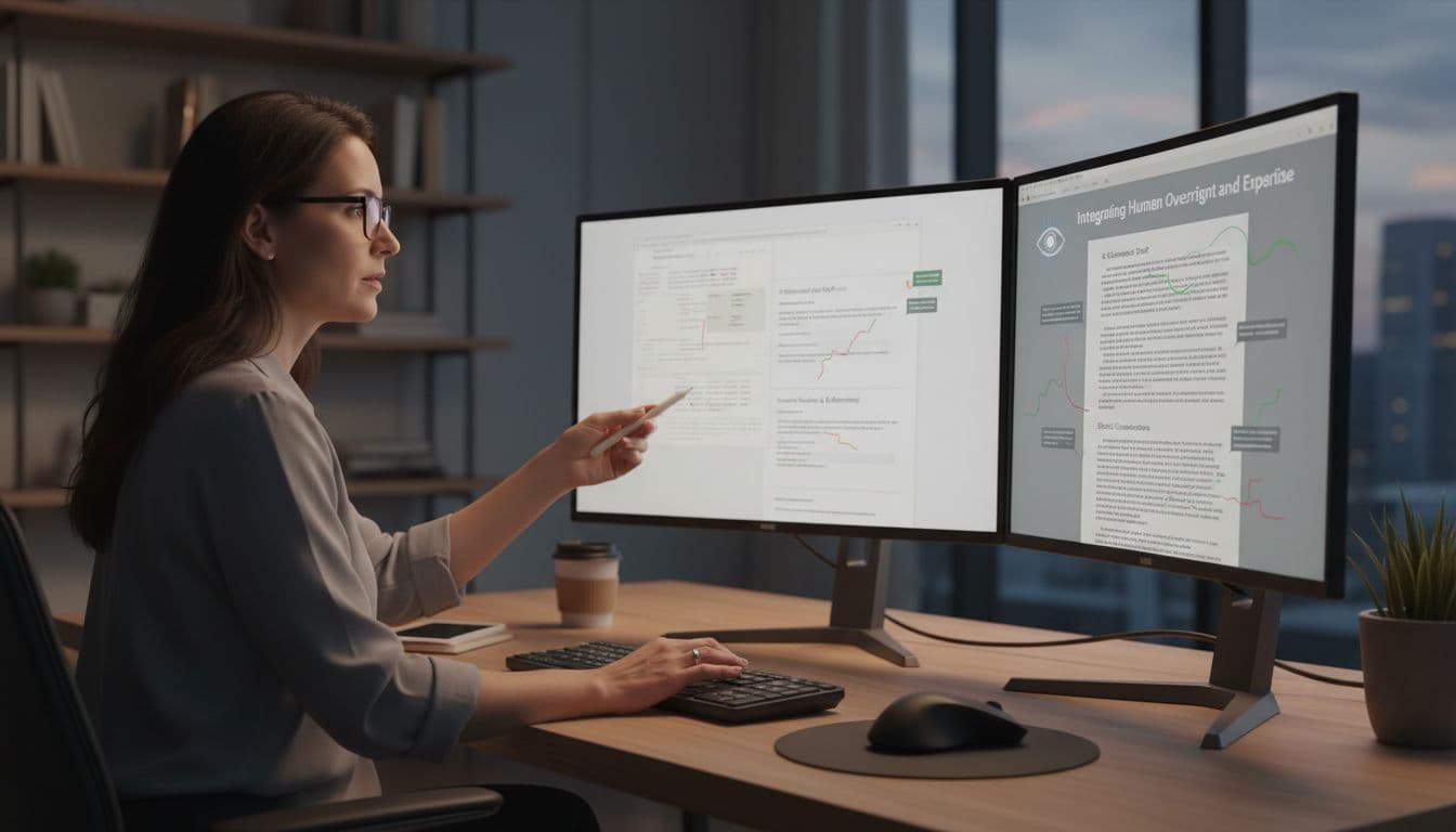 A professional sits at a desk working on an article across dual computer monitors.