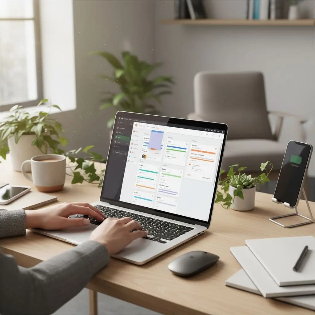 Hands type on a laptop in a bright, modern home office setting with plants.