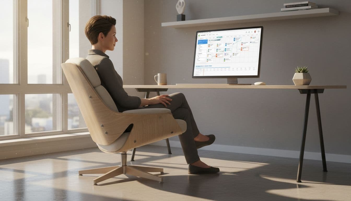 Person sits back in chair at tidy desk, focused on laptop showing project management calendar with task cards in modern office.