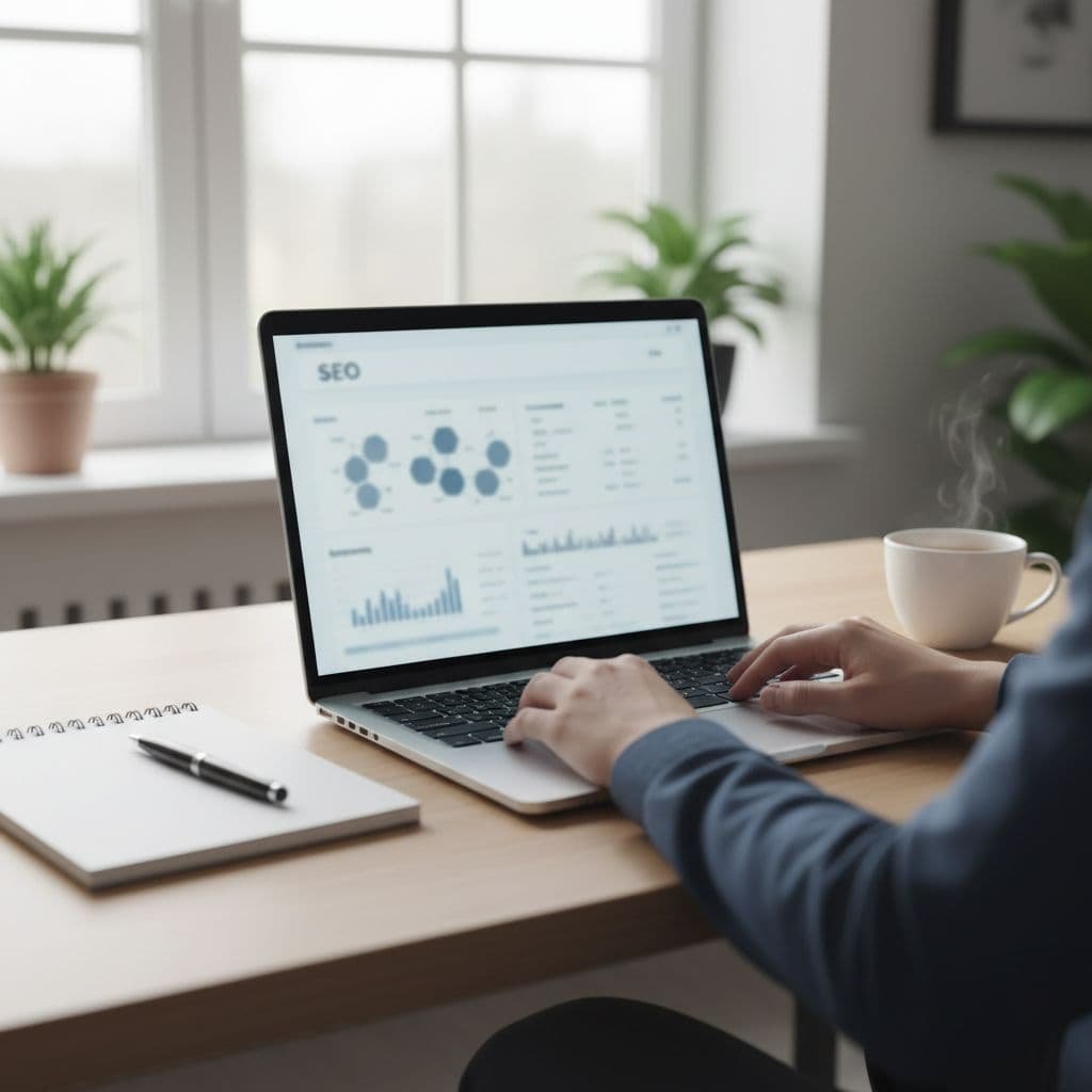 A person views blurred analytics charts on a laptop screen while working at a clean desk. A notebook and steaming mug sit nearby under the glow of soft natural daylight.