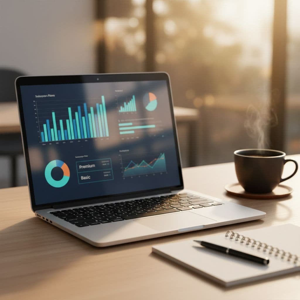 A sleek silver laptop displays blurred financial dashboard graphs beside a spiral-bound notebook and steaming coffee cup. This professional workspace arrangement suggests a strategic focus on monthly subscription spend and planning.
